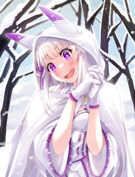 1girl absurdres blush braid breasts dress ears_up elf emilia_(re:zero) gloves hair_between_eyes hair_ornament hair_ribbon hairband highres hood hoodie interlocked_fingers open_mouth pointy_ears purple_eyes re:zero_kara_hajimeru_isekai_seikatsu ribbon smile snow snowing tree white_dress white_hair winter zeitaa