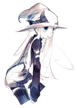 Rule 34 | 1girl, black thighhighs, blue eyes, bow, commentary request, from side, hat, highres, long hair, long sleeves, open mouth, original, portrait, riuichi, simple background, striped clothes, striped thighhighs, thighhighs, upper body, white background, white hair, witch, witch hat