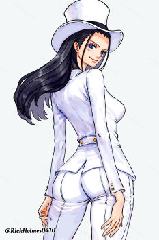 1girl absurdres ass black_hair blue_eyes breasts closed_mouth commentary cosplay english_commentary eyelashes hat highres long_hair long_sleeves looking_back nico_robin one_piece pants rickholmes0410 rob_lucci rob_lucci_(cosplay) shirt simple_background smile solo top_hat twitter_username white_background white_hat white_pants white_shirt