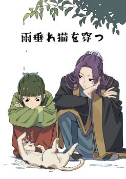 1boy 1girl absurdres black_jacket blue_ribbon blue_robe blunt_bangs bun_cover cat chinese_clothes crossed_arms dangomochi2 flats freckles full_body green_hair green_shirt hair_bun hair_ribbon half_updo head_on_hand highres hugging_own_legs jacket jinshi_(kusuriya_no_hitorigoto) kusuriya_no_hitorigoto looking_at_another maomao_(kusuriya_no_hitorigoto) parted_bangs puddle purple_hair red_skirt ribbon robe shirt skirt squatting water_drop