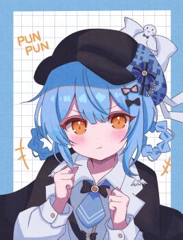 1girl absurdres black_bow black_capelet black_hat blue_border blue_hair blue_necktie blush border bow braid braided_hair_rings capelet clenched_hands closed_mouth collared_shirt commentary_request detective furrowed_brow hair_bow hair_rings hands_up hat highres long_sleeves looking_at_viewer magical_girl mahou_shoujo_no_majo_saiban necktie pout romaji_text shirt short_hair solo tachibana_sherry upper_body yua_666666