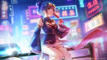 Rule 34 | 1girl, arm at side, back bow, backlighting, bare shoulders, black dress, black hair, blunt bangs, blurry, blurry background, blush, bow, breasts, china dress, chinese clothes, cityscape, cleavage, cleavage cutout, clothing cutout, cloud print, copyright logo, copyright notice, dango, detached sleeves, double bun, dress, eyewear on head, feet out of frame, floating hair, food, frilled sleeves, frills, hair bun, hair intakes, hand up, heaven burns red, highres, holding, holding food, large breasts, li yingxia, li yingxia (spring night wo ai ni), logo, long sleeves, looking ahead, medium hair, miniskirt, night, official alternate costume, official alternate hairstyle, official art, official wallpaper, on railing, orange-tinted eyewear, orange eyes, outdoors, parted lips, pleated skirt, print sleeves, railing, round eyewear, short dress, sitting, skirt, sleeveless, sleeveless dress, solo, sunglasses, tassel, thigh strap, thighs, tinted eyewear, twintails, wagashi, white bow, white skirt, wide sleeves