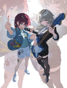 Rule 34 | 2girls, black boots, black choker, black jacket, black nails, black necktie, black shorts, black thighhighs, blue eyes, blue shirt, boots, brown hair, choker, commentary request, dress shirt, electric guitar, fender jazzmaster, garter straps, girls band cry, grey hair, guitar, highres, holding, holding guitar, holding instrument, instrument, iseri nina, jacket, kawaragi momoka, korean commentary, long hair, low twintails, mansahyeong, middle finger, multicolored hair, multiple girls, nail polish, necktie, open clothes, open jacket, open mouth, red nails, roots (hair), shirt, shoes, short hair, short twintails, shorts, simple background, striped clothes, striped necktie, teeth, thighhighs, twintails, upper teeth only, white background, white shoes, white shorts