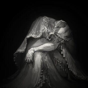 1other clenched_hand covered_face curled_up dress greyscale hand_on_own_leg head_down highres knees_up lace_trim layered_dress monochrome on_ground original sitting solo veil whyratention