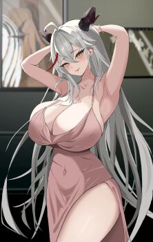 absurdres aegir_(azur_lane) aegir_(one-on-one_leisure_time)_(azur_lane) armpits arms_up azur_lane backward-facing_horns black_horns bracelet breasts commentary covered_navel demon_horns dress earrings english_commentary evening_gown grey_hair highres horns jewelry kouhen_no_niwa large_breasts long_hair multicolored_hair official_alternate_costume open_mouth original pearl_earrings pink_dress red_streaks streaked_hair very_long_hair yellow_eyes