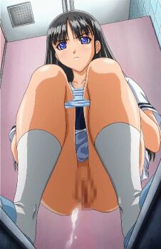 1girl animated animated_gif bathroom black_hair blue_eyes blue_sandals blush ceiling censored collarbone dress from_below long_hair looking_down mizushima_asa panties panty_pull peeing pussy sandals short_sleeves socks sora_no_iro_mizu_no_iro squat_toilet squatting striped_clothes striped_panties toilet toilet_use tony_taka underwear white_dress white_panties white_socks