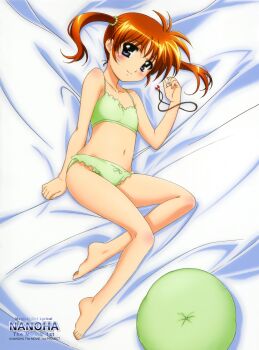 1girl absurdres bare_legs bare_shoulders bed bed_sheet blue_eyes blush bound bound_arms bra brown_hair child closed_mouth collarbone cushion dot_nose edging_bra feet female_focus flat_chest full_body green_bra green_panties highres legs loli long_hair looking_at_viewer lying lyrical_nanoha mahou_shoujo_lyrical_nanoha megami_magazine midriff navel no_bra official_art okuda_yasuhiro on_side panties pedophile pillow pink_socks raising_heart raising_heart_(standby_mode) scan sexually_suggestive smile socks solo solo_focus stomach takamachi_nanoha tears thighs toes training_bra twintails underwear underwear_only