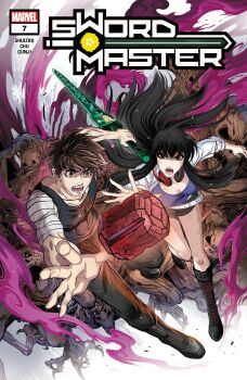 1boy 1girl absurdres artist_name bandages belt black_boots black_hair black_pants black_shorts black_tank_top boots breasts brown_eyes brown_hair character_name chen_xiaoyun_(gunji) cleavage comic_cover company_name copyright_logo copyright_name english_text floating_hair grey_background headphones headphones_around_neck highres holding holding_sword holding_weapon jacket ji_shuangshuang lin_lie_(marvel) logo long_hair marvel monster muscular muscular_male official_art open_mouth pants purple_shirt reaching scratches shirt short_hair shorts sword sword_master_(marvel) tank_top torn_clothes torn_shirt weapon white_background white_belt white_jacket