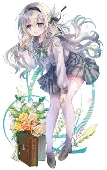 1girl bag black_shoes bow brown_bag firefly_(honkai:_star_rail) firefly_(spring_missive)_(honkai:_star_rail) floating_hair full_body gradient_hair green_bow grey_hair grey_skirt hair_between_eyes hairband hand_up highres honkai:_star_rail honkai_(series) leaning_forward loafers long_hair long_sleeves looking_at_viewer multicolored_hair open_mouth school_bag school_uniform shirogane_hina shirt shoes simple_background skirt smile solo thighhighs white_background white_shirt white_thighhighs