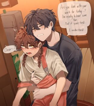 2boys arrow_(symbol) black_hair black_nails black_shirt blush braid brown_hair clothes_lift commentary earrings english_commentary english_text grabbing_from_behind grey_eyes highres jewelry lifting_another's_clothes looking_at_another low_twin_braids male_focus multiple_boys necklace open_mouth overalls pink_overalls sebastian_(stardew_valley) shirt shirt_lift short_hair speech_bubble stardew_valley sunnyyy1210 trembling twin_braids undressing_another wavy_mouth white_shirt yaoi yellow_eyes