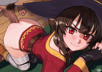 1boy 1girl all_fours anal artist_name asymmetrical_legwear bandaged_leg bandages black_gloves black_hat black_panties black_thighhighs blush boots brown_boots brown_hair closed_mouth clothed_sex dress drooling fingerless_gloves gloves green_eyes hat head_out_of_frame hetero highres interlocked_fingers kono_subarashii_sekai_ni_shukufuku_wo! loli long_sleeves looking_at_viewer male_pubic_hair megumin mismatched_legwear mouth_drool own_hands_together panties panty_pull penis pubic_hair red_dress red_eyes satou_kazuma sex sex_from_behind single_thighhigh smug solo_focus speech_bubble sunna_(nilsunna) testicles thighhighs uncensored underwear v-shaped_eyebrows wooden_floor