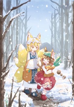 2girls ^_^ animal_ear_fluff animal_ears bag bare_tree blonde_hair blue_shoes blue_sky blue_tabard brown_bag brown_hair cat_ears cat_girl cat_tail chen closed_eyes collar commentary_request crossed_bangs double-parted_bangs dress earrings floating_hair fog fox_girl fox_tail frilled_collar frilled_skirt frills green_hat groceries grocery_bag hands_in_opposite_sleeves hat highres holding holding_bag jewelry long_sleeves mob_cap molmaron multiple_girls multiple_tails ofuda open_mouth outdoors purple_collar purple_trim red_shoes red_skirt red_vest shirt shoes shopping_bag short_hair single_earring skirt sky smile snow socks tabard tail touhou tree vest walking white_dress white_hat white_shirt white_socks wide_sleeves winter yakumo_ran yellow_eyes