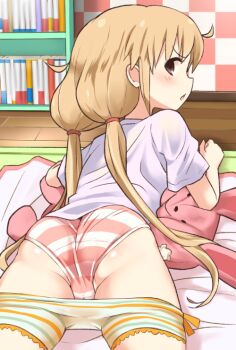10s 1girl ass bike_shorts blonde_hair blush brown_eyes cameltoe clothes_pull female_focus futaba_anzu idolmaster idolmaster_cinderella_girls loli long_hair looking_back lying mirakichi on_bed on_stomach panties sexually_suggestive shorts shorts_pull solo striped_bike_shorts striped_clothes striped_panties twintails underwear wedgie