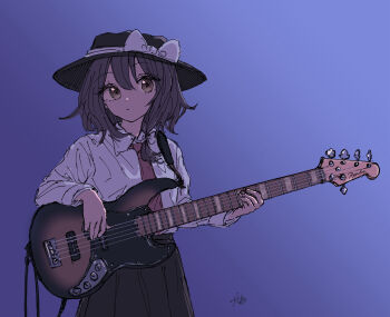1girl asymmetrical_hair bass_guitar black_hair black_hat black_skirt blue_background bow brown_eyes character_name check_instrument closed_mouth collared_shirt commentary gradient_background guitar hair_between_eyes hair_bow hat hat_bow highres holding holding_guitar holding_instrument instrument kashiwada_kiiho long_sleeves looking_at_viewer medium_hair necktie playing_instrument red_necktie shirt shirt_tucked_in signature skirt solo standing touhou usami_renko white_bow white_shirt