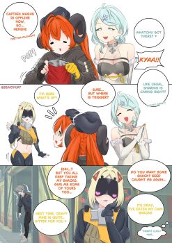 1boy 3girls belly blonde_hair blue_hair blush braid breasts cleavage demon_horns english_text grey_hair highres horns large_breasts long_hair multiple_girls navel open_mouth orange_hair orphie_magnusson pointy_ears ponytail pubic_hair seed_(zenless_zone_zero) simple_background speech_bubble stray_pubic_hair sunoyukey trigger_(zenless_zone_zero) twintails white_background wise_(zenless_zone_zero) zenless_zone_zero