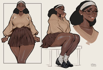 1girl absurdres black_hair black_shoes brown_skirt brown_sweater commentary dark-skinned_female dark_skin english_commentary glasses highres long_hair magicmoonsarts multiple_views original pleated_skirt shoes sitting skirt socks standing sweater very_dark_skin white_socks