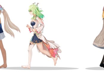 3girls absurdres advarcher anklet barefoot blonde_hair blue_skirt brown_coat brown_hair ceres_fauna ceres_fauna_(1st_costume) coat dark-skinned_female dark_skin feet flower green_hair hair_flower hair_ornament highres hololive hololive_english jewelry kaniko_(tsukumo_sana) multiple_girls running showgirl_skirt simple_background single_thighhigh skirt thighhighs tree_horns tsukumo_sana tsukumo_sana_(1st_costume) twintails virtual_youtuber watson_amelia watson_amelia_(1st_costume) white_background white_thighhighs yellow_eyes