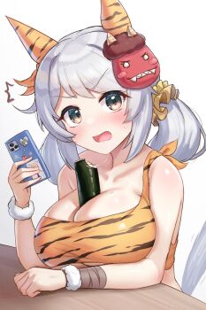 1girl animal_ears animal_print bandeau bare_shoulders between_breasts blush breasts brown_eyes cellphone cleavage collarbone commentary_request ear_covers eating food grey_hair hair_ornament hair_scrunchie highres hishi_miracle_(umamusume) holding holding_phone horse_ears horse_girl horse_tail large_breasts long_hair looking_at_viewer makizushi mask mask_on_head oni oni_mask open_mouth phone saliva saliva_trail scrunchie shinonome_(shinonome_rynn) solo sushi tail tiger_print twintails umamusume