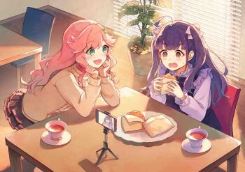 Rule 34 | 2girls, absurdres, ahoge, aqua eyes, artist request, black skirt, blush, brown sweater, cellphone, chair, chofu noriko, commentary request, cup, dress, elbow rest, food, hair ornament, hair ribbon, highres, holding, holding food, ikizulive! love live! bluebird, indoors, kanazawa miracle, long hair, long sleeves, looking at food, looking at viewer, love live!, multiple girls, official art, open mouth, phone, pink hair, plant, plate, potted plant, purple dress, purple eyes, purple hair, purple shirt, recording, ribbon, shirt, skirt, smartphone, smile, star (symbol), star hair ornament, sunlight, sweatdrop, sweater, table, tea, teacup, twintails
