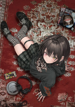 1girl absurdres black_nails black_shoes black_skirt black_socks blush carpet cd_player cd_walkman cellphone closed_mouth cross_piercing ear_piercing earrings gishiki_(gshk) hair_intakes headphones heterochromia highres hood hoodie jewelry long_sleeves looking_at_viewer magazine_(object) multicolored_socks multiple_earrings original phone piercing plaid_clothes plaid_skirt pleated_skirt punk red_carpet red_eyes ring shoes short_hair silver_earrings skirt smartphone socks solo spiked_thigh_strap striped_clothes striped_socks tanaka_kyouko thigh_strap white_socks wolf_cut yellow_eyes