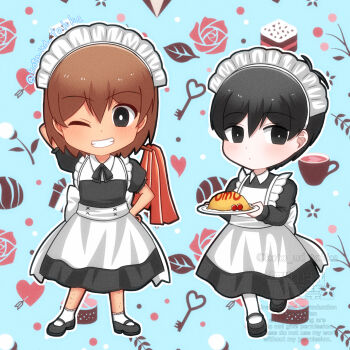 2boys alternate_costume antenna_hair arm_behind_head arm_up black_eyes black_hair black_shoes blush bright_pupils brown_hair chibi chibi_only closed_mouth commentary_request dark-skinned_male dark_skin double-parted_bangs enmaided food grin hair_behind_ear hair_between_eyes hand_on_own_hip highres hisaho holding holding_plate kel_(faraway)_(omori) kel_(omori) long_sleeves looking_at_viewer maid maid_headdress male_focus multiple_boys omelet omori omurice one_eye_closed open_mouth plate puffy_short_sleeves puffy_sleeves shoes short_hair short_sleeves smile socks sunny_(omori) teeth twitter_username watermark white_pupils white_socks