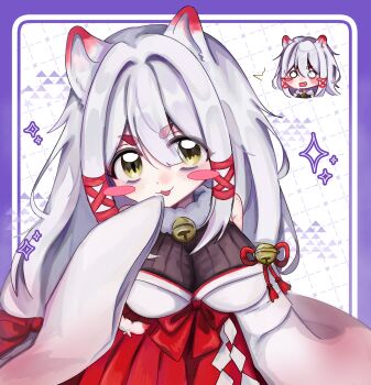 Rule 34 | 1girl, animal ears, artist request, black bodysuit, body freckles, bodysuit, bow, breasts, commentary, commission, english commentary, fox ears, fox girl, fox tail, freckles, frills, fur collar, gohei, hair between eyes, hair bow, hair ornament, hair ribbon, highres, indie virtual youtuber, japanese clothes, kagari kitsune, large breasts, long hair, long sleeves, messy hair, multicolored hair, nontraditional miko, pink hair, red ribbon, ribbon, sidelocks, simple background, skeb commission, skirt, sleeves past fingers, sleeves past wrists, slit pupils, solo, tail, virtual youtuber, white hair, yellow eyes