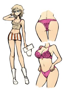1girl absurdres adjusting_clothes adjusting_panties ass bella_(biku) biku blonde_hair boots bow bow_panties bra bra_strap bracelet breasts cleavage earrings highres jewelry large_breasts navel original panties pink_bra pink_panties reference_sheet short_hair simple_background skirt striped_clothes striped_skirt underwear vertical-striped_clothes vertical-striped_skirt white_background white_boots