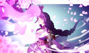 2girls absurdres back_bow blue_background blunt_bangs blurry bow braid breasts bridal_gauntlets cherry_blossoms cleavage commentary depth_of_field faceless faceless_female falling_petals floating from_side genshin_impact glowing hair_ornament hair_ribbon heads_together highres japanese_clothes kimono long_braid long_hair long_sleeves looking_at_another looking_up makoto_(genshin_impact) medium_breasts multiple_girls off_shoulder open_mouth petals pink_petals purple_eyes purple_hair purple_kimono raiden_shogun ribbon rkgkmt123 siblings single_braid sisters spirit twins wide_sleeves wind