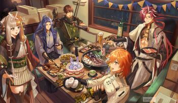 2girls 3boys abs absurdres ahoge alcohol armlet armor artist_name beef beer belt black_belt black_gloves black_hair black_hakama black_scarf bottle box bridal_gauntlets brown_hair brown_thighhighs cake cardboard_box chaldea_logo chewing chopsticks clothing_cutout commentary cup durandal_(fate) facial_hair fate/grand_order fate_(series) food food_request fou_(fate) fujimaru_ritsuka_(female) fujimaru_ritsuka_(female)_(decisive_battle_chaldea_uniform) gauntlets glove_cutout gloves goatee grey_eyes grey_hair grey_kimono hair_tie hakama hand_up hector_(fate) high_collar highres holding holding_chopsticks holding_plate izumo_no_okuni_(fate) izumo_no_okuni_(first_ascension)_(fate) jacket japanese_armor japanese_clothes jewelry kimono kote long_hair looking_at_another looking_at_food low-tied_long_hair medium_hair multi-tied_hair multicolored_hair multiple_boys multiple_girls nun2o obi onigiri open_clothes open_jacket orange_eyes orange_hair outstretched_arm pants plate polearm ponytail purple_hair purple_vest red_eyes red_hair sakazuki sake_bottle sasaki_kojirou_(fate) sash scarf short_hair short_kimono short_sleeves single_gauntlet single_glove single_vambrace sitting smile standing streaked_hair table takasugi_shinsaku_(fate) thighhighs toothpick two-tone_hair vambraces very_long_hair vest walking waving weapon white_hair white_pants wide_sleeves window