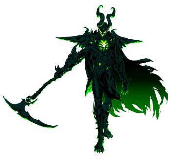 1boy aalure armor black_armor black_cape cape fake_horns fingernails full_body glowing gradient_cape green_cape green_eyes green_nails highres holding holding_scythe holding_weapon horned_headwear horns korean_commentary loki_(marvel) loki_(marvel)_(all-butcher) long_fingernails male_focus marvel marvel_rivals official_alternate_costume pauldrons scythe sharp_fingernails shoulder_armor solo thor_(marvel)_(series) torn_cape torn_clothes weapon white_background