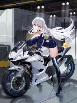 1girl absurdres azur_lane baby_animal back_cutout bare_shoulders bird black_thighhighs breasts chick clothing_cutout dress enterprise_(azur_lane) enterprise_(wind_catcher)_(azur_lane) halter_dress halterneck high_heels highres large_breasts latex latex_dress long_hair maanu manjuu_(azur_lane) motor_vehicle motorcycle official_alternate_costume on_motorcycle purple_eyes race_queen solo thighhighs white_hair zipper_dress