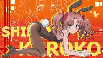 1girl :3 abstract_background all_fours animal_ears arched_back artist_name ass bambi2000line black_shoes bow bowtie brown_eyes brown_hair brown_leotard brown_pantyhose character_name closed_mouth commentary_request detached_collar fake_animal_ears fake_tail flat_chest from_side full_body hair_bow hair_intakes high_heels landscape leotard leotard_peel looking_at_viewer orange_background oversized_breast_cup pantyhose parted_bangs playboy_bunny projected_inset rabbit_ears red_bow red_bowtie sanpaku shirai_kuroko shoes silhouette solo tail tareme toaru_kagaku_no_railgun toaru_majutsu_no_index twintails wrinkled_fabric wrist_cuffs