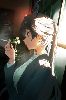 Rule 34 | 1girl, absurdres, arknights, arknights: endfield, black hair, black horns, blue jacket, breasts, chen qianyu (arknights), chromatic aberration, cigarette, collared shirt, commentary request, dragon girl, dragon horns, earrings, from side, grey eyes, highres, holding, horns, indoors, jacket, jewelry, layered sleeves, long hair, long sleeves, medium breasts, nasol, open mouth, shirt, smoke, smoking, solo, twintails, upper body, white shirt, window