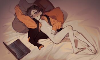 1boy barefoot bed_sheet black_hair black_jacket commission computer cum grin highres jacket laptop looking_at_viewer lying male_focus on_back open_clothes open_jacket orange_jacket original penis pillow pita-potato short_hair smile solo teeth