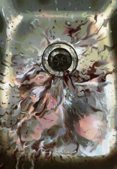 Rule 34 | 2boys, absurdres, black hair, blood, carl 4, hashtag-only commentary, highres, hikaru ga shinda natsu, indou hikaru, male focus, multiple boys, red pupils, reflection, reflection focus, sink, sinkhole, smile, tsujinaka yoshiki, water