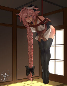 1boy absurdres arms_behind_back astolfo_(exhibition_attire)_(fate) astolfo_(fate) bare_shoulders black_bow black_thighhighs blush bow braid braided_ponytail crossdressing crossdressing_(mtf) detached_sleeves fate/grand_order fate_(series) full_body glosspale hair_bow hair_intakes highres injury japanese_clothes kimono long_hair multicolored_hair ninja obi open_mouth parted_lips pink_hair purple_eyes restrained revealing_clothes rope sash short_kimono smile solo source_request streaked_hair suspension thighhighs trap very_long_hair white_hair white_kimono wide_hips