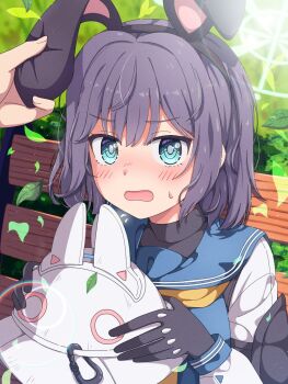 1girl 1other animal_ears black_gloves black_hairband blue_archive blue_eyes blue_sailor_collar blush commentary_request fake_animal_ears gloves hairband highres long_sleeves looking_at_viewer mikoshi_(user_wvyd4348) on_bench open_mouth outdoors purple_hair rabbit_ears sailor_collar saki_(blue_archive) sweat