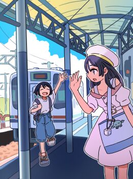 2girls :d ^_^ absurdres arm_up backpack bag bag_charm black_hair blue_bag blue_pants blue_sky charm_(object) closed_eyes cloud commentary_request day dice hand_up hat highres long_hair looking_at_another looking_back multiple_girls multiple_unit_train open_mouth original outdoors pants shirt shoes short_hair short_sleeves sky smile sneakers standing takaichi_(tkch) tenryu_hamanako_railroad train train_station train_station_platform waving white_hat white_shirt