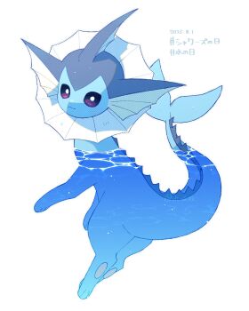 animal_focus bright_pupils check_commentary closed_mouth commentary_request dated fins full_body gen_1_pokemon head_fins highres nintendo no_humans pokemon pokemon_(creature) pokemon_focus purple_eyes simple_background smile solo vaporeon vli_sk22 water white_background white_pupils