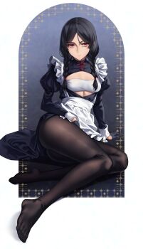 1girl absurdres alternate_costume apron black_gloves black_hair black_pantyhose braid closed_mouth cojohn commentary enmaided fate/strange_fake fate_(series) feet gloves half_gloves highres leg_focus long_hair looking_at_viewer maid no_name_assassin_(fate) no_shoes pantyhose red_eyes sitting solo toes twin_braids waist_apron white_apron