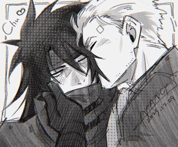 Rule 34 | 2boys, artist name, blush, cid highwind, closed eyes, coat, commentary, covered mouth, create nancy, dated, english commentary, final fantasy, final fantasy vii, greyscale, hand on another's face, headband, heart, highres, kiss, kissing cheek, long hair, looking to the side, male focus, monochrome, multiple boys, one eye closed, short hair, sideways glance, sketch, sound effects, upper body, vincent valentine, white background, yaoi