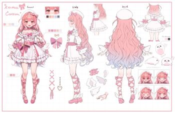 1girl beret blue_hair blush bow character_name color_guide commentary dress english_commentary english_text frilled_dress frills full_body gradient_hair hair_bow haneiro hat heart heartsync kumu_cotton long_hair looking_at_viewer multicolored_hair multiple_expressions multiple_views official_art orange_eyes pink_bow pink_hair pink_shoes reference_sheet second-party_source shaded_face shoes standing two_side_up very_long_hair virtual_youtuber white_background white_dress white_hat