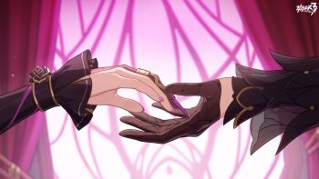 Rule 34 | 2girls, black gloves, chinese commentary, commentary request, copyright logo, durandal (honkai impact), durandal (nibelungen traumlied) (honkai impact), game cg, gloves, hand focus, highres, honkai (series), honkai impact 3rd, logo, multiple girls, official alternate costume, official art, rita rossweisse, rita rossweisse (miss espionage)