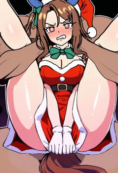 1boy 1girl animal_ears breasts cleavage clenched_teeth commentary_request dress grilled_chicken hat highres horse_ears horse_girl horse_tail king_halo_(umamusume) santa_costume santa_dress santa_hat tail teeth thighs umamusume