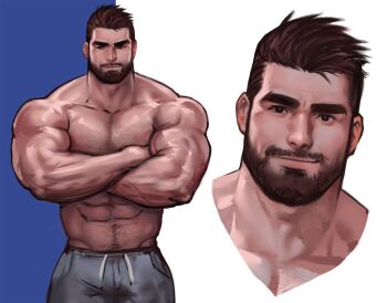 1boy abs art_study bara beard blue_background body_hair broad_shoulders connected_beard crossed_arms dopey_(dopq) facial_hair male_focus muscular muscular_male mustache original pants short_hair sparse_chest_hair sweatpants topless_male two-tone_background white_background