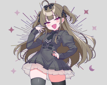 1girl :d absurdres ahoge belt black_bow black_nails black_necktie black_thighhighs bow collared_dress commentary_request crescent dress fang hair_ornament highres jamilsaga juliet_sleeves long_hair long_sleeves looking_at_viewer mesugaki nail_polish necktie open_mouth original puffy_sleeves simple_background skin_fang smile star_(symbol) thick_thighs thighhighs thighs twintails