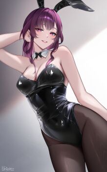 1girl animal_ear_hairband animal_ears black_bow black_bowtie black_leotard black_pantyhose bow bowtie breasts cellphone commentary_request covered_navel cowboy_shot detached_collar fake_animal_ears hairband highleg highleg_leotard highres honkai:_star_rail honkai_(series) kafka_(honkai:_star_rail) leotard lips long_hair looking_at_viewer medium_breasts pantyhose parted_lips phone playboy_bunny purple_eyes purple_hair rabbit_ears sheltz solo strapless strapless_leotard wrist_cuffs