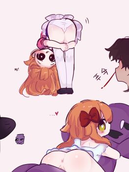 1girl 2boys absurdres age_difference anus ass blush bottomless bulge censored elizabeth_afton erection erection_under_clothes father_and_daughter five_nights_at_freddy's from_behind hair_ribbon heart heart-shaped_pupils highres hiji_(hijichan) incest loli long_hair looking_back multiple_boys orange_hair panties pussy ribbon size_difference skirt smile symbol-shaped_pupils thighhighs underwear white_panties william_afton