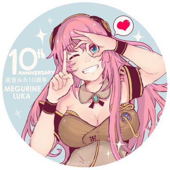 1girl anniversary artist_name blue_eyes breasts character_name cleavage collarbone female_focus grin heart highres index_finger_raised large_breasts long_hair looking_at_viewer megurine_luka megurine_luka_(vocaloid4) one_eye_closed pink_hair smile solo spoken_heart teeth twitter_username upper_body vocaloid ziren