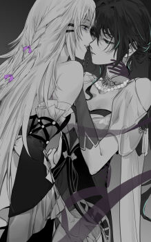 Rule 34 | 2girls, alpha.e, bare shoulders, blue hair, bow, chinese commentary, commentary request, dress, elbow gloves, gloves, greyscale, hair bow, hand on another's neck, herta (honkai: star rail), highres, honkai: star rail, honkai (series), long hair, monochrome, mouth hold, multicolored hair, multiple girls, necklace in mouth, purple bow, ruan mei (honkai: star rail), spot color, streaked hair, the herta (honkai: star rail), yuri